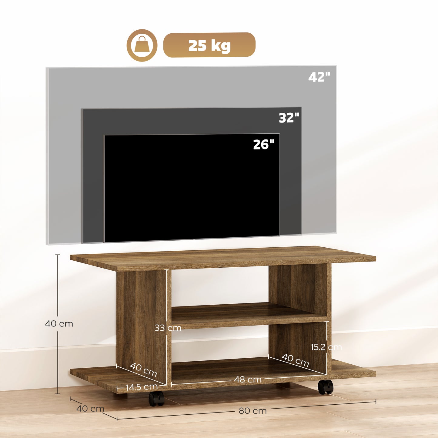 HOMCOM Modern TV Cabinet Stand With Storage Shelves Mobile Bookcase Walnut Casters