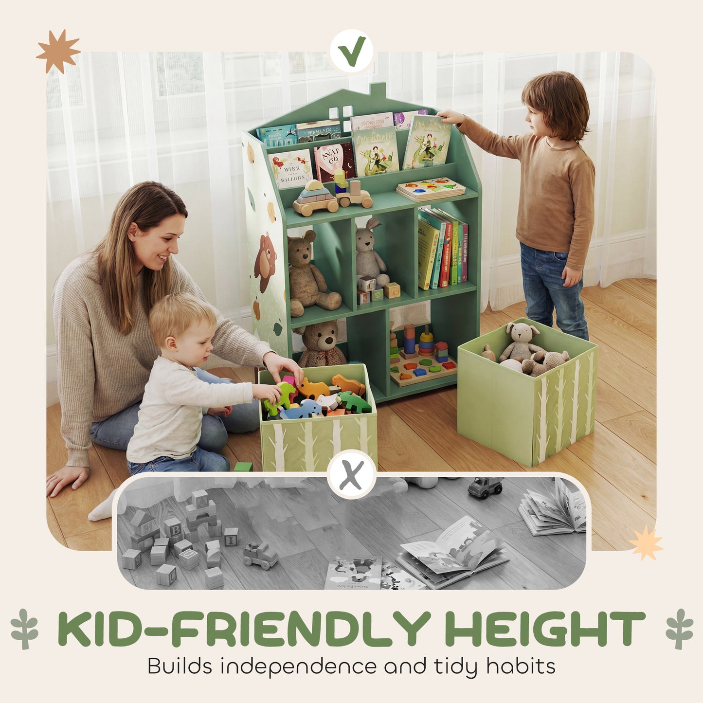 AIYAPLAY Kids Bookshelf with Storage and Fabric Drawers for Playroom and Nursery Green Book Display Unit