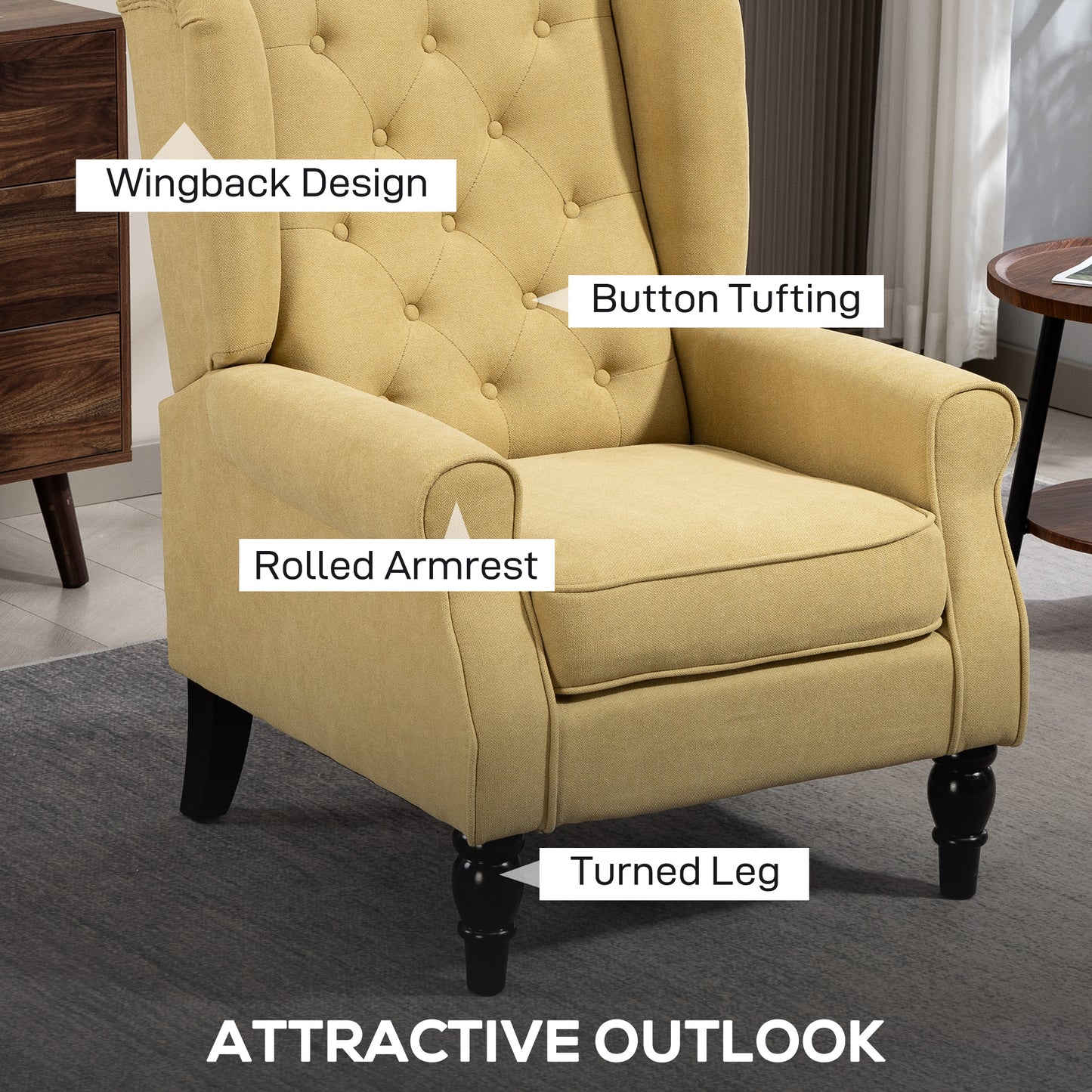 HOMCOM Wingback Accent Chair Retro Upholstered Button Tufted Occasional Chair For Living Room And Bedroom Yellow
