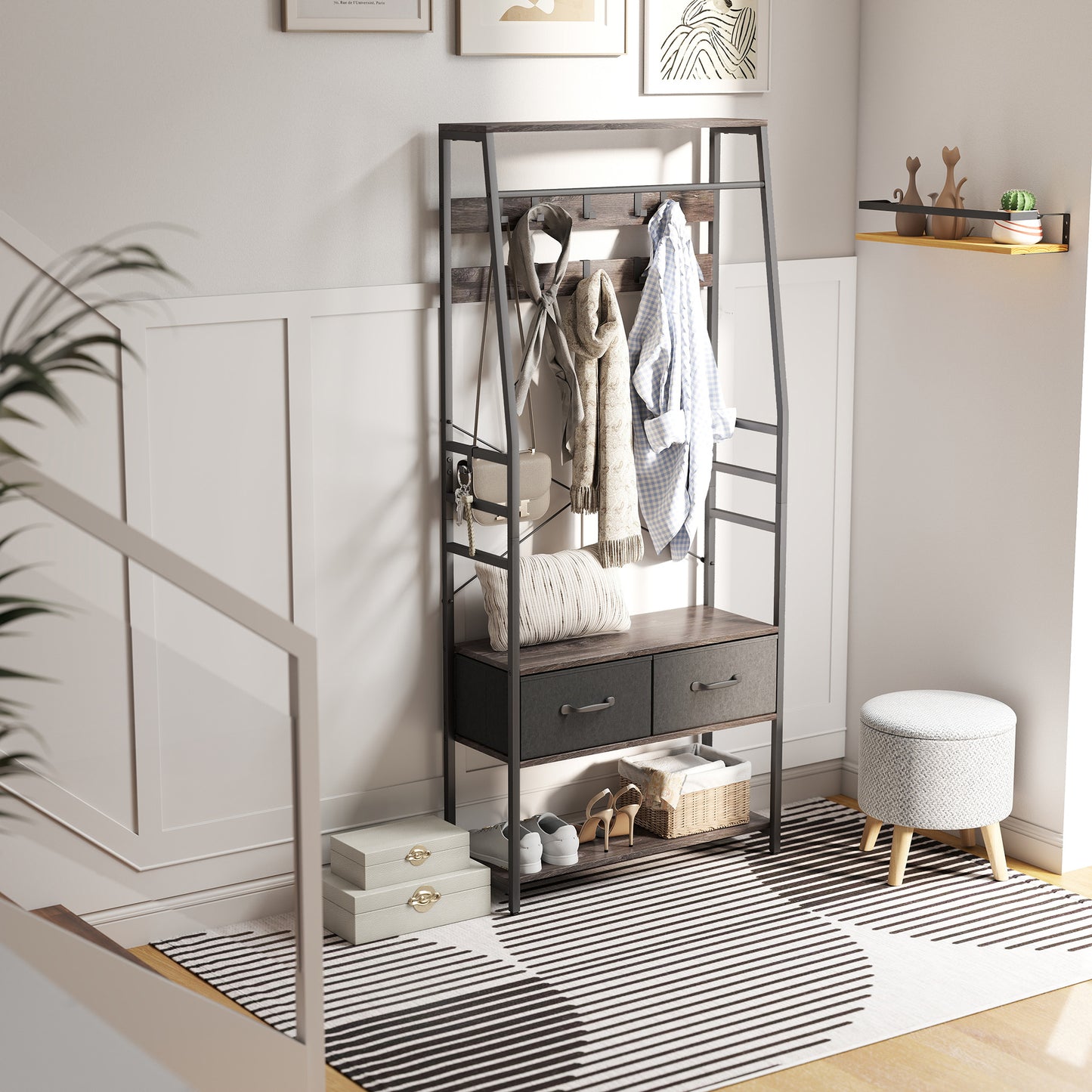 HOMCOM Hall Tree Coat Rack With Shoe Storage And Bench Industrial Organizer 10 Removable Hooks 2 Fabric Drawers Grey