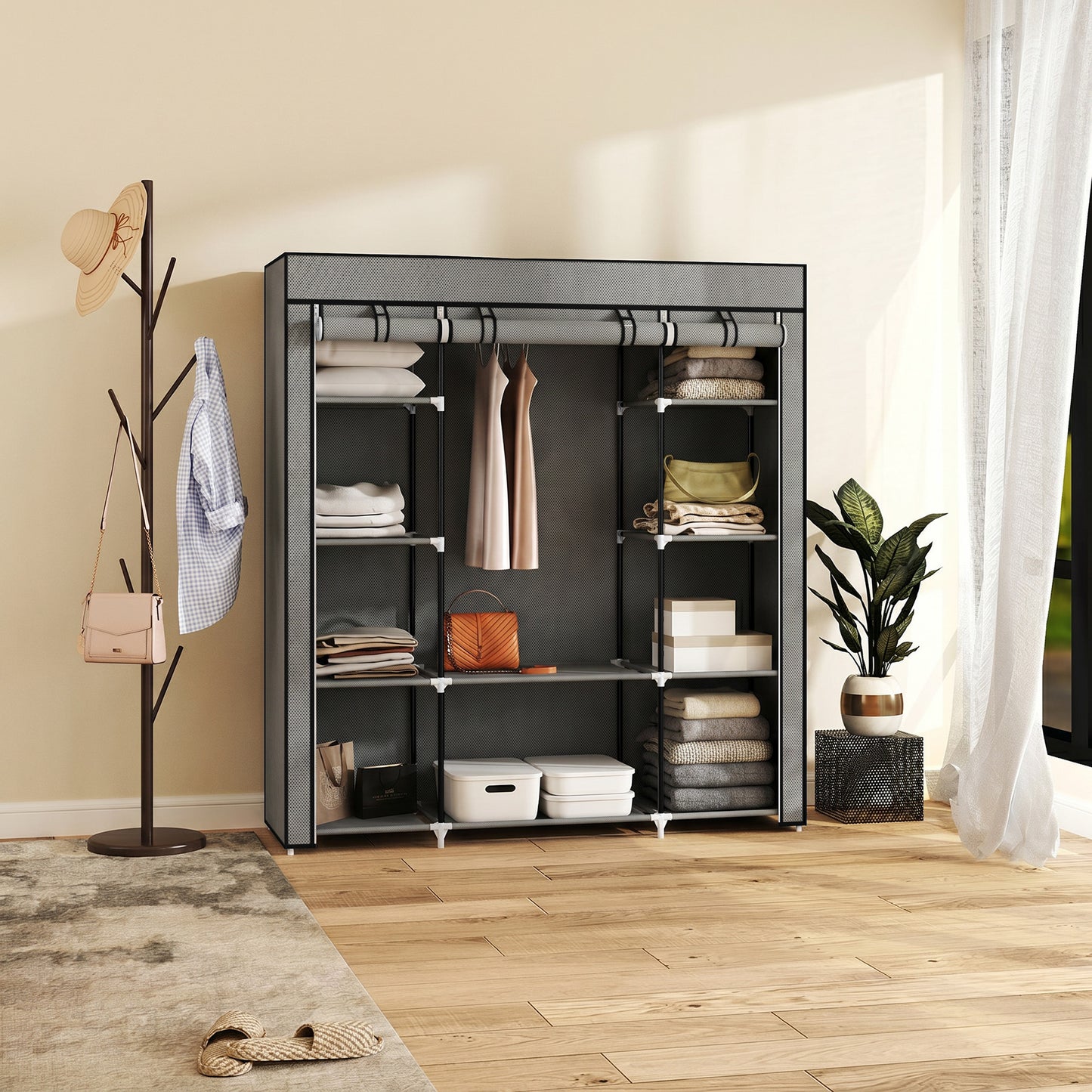 HOMCOM Fabric Wardrobe With Hanging Rail And Ten Shelves Portable Foldable Clothes Storage Dark Grey