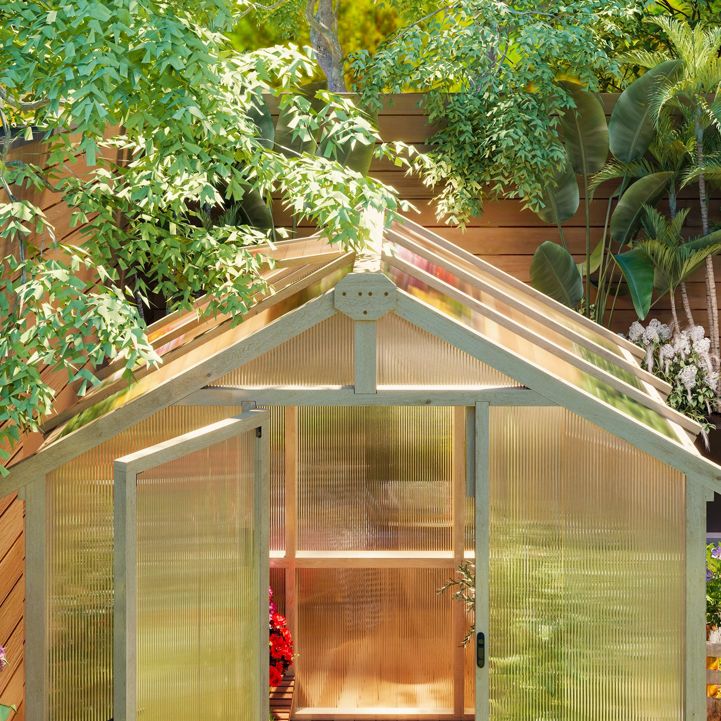 Outsunny 6.6 by 6ft Polycarbonate Walk In Wooden Greenhouse Lockable Door and Window Brown Garden Grow House