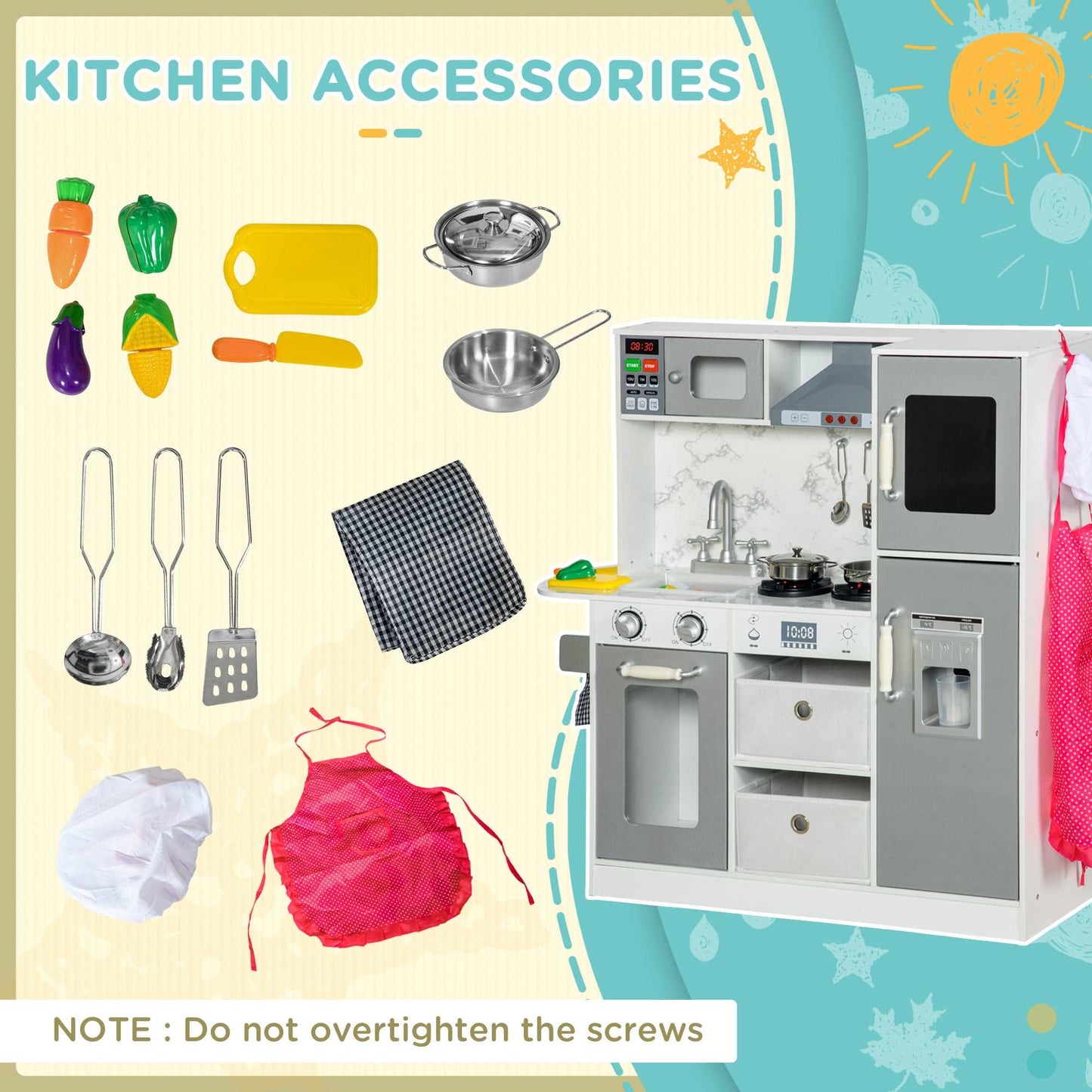 AIYAPLAY Toy Kitchen with Lights Sounds Apron Chef Hat Ice Maker Microwave for 3-6 Years Old White - ALL4U RETAILER LTD