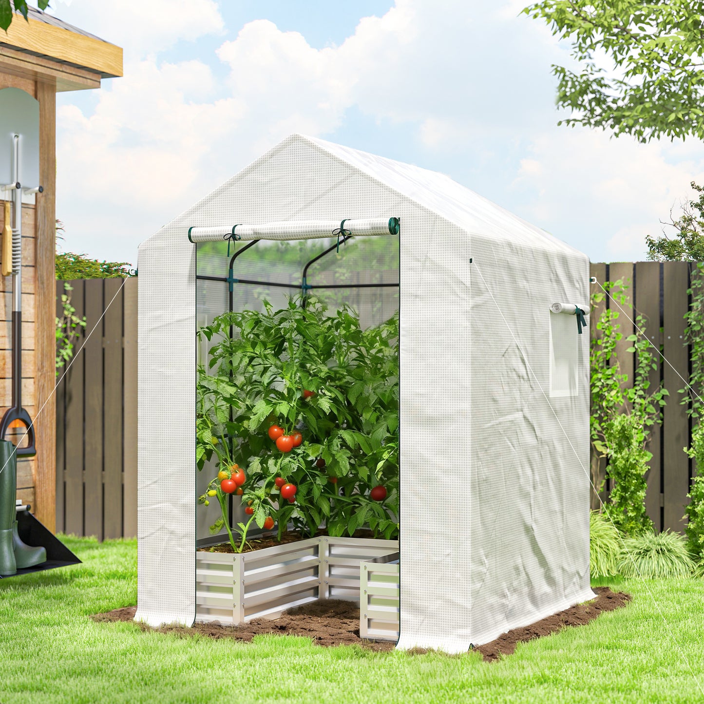 Outsunny Small Greenhouse With Raised Garden Bed Walk In Galvanised Steel Frame Roll Up Windows 141 X 141 X 190 cm White