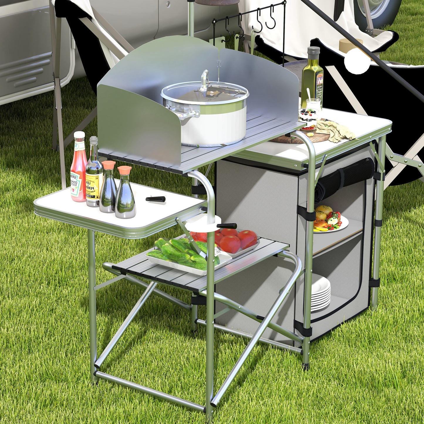 Outsunny All-in-One Portable Camping Kitchen with Aluminium Folding Table, Windshield & Light Stand - Includes Carry Bag - ALL4U RETAILER LTD