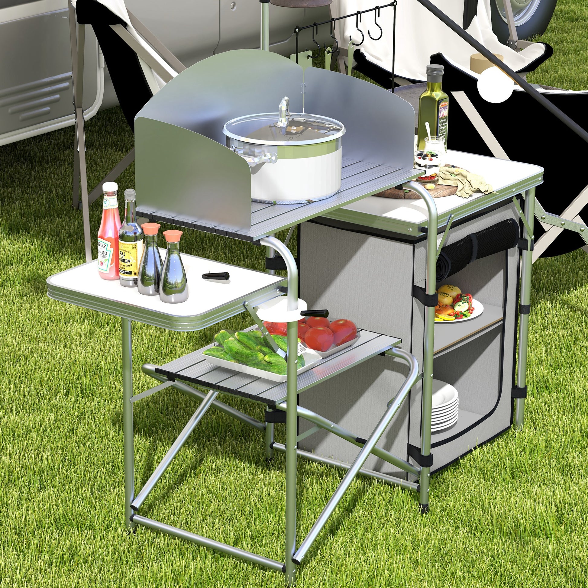 Outsunny All-in-One Portable Camping Kitchen with Aluminium Folding Table, Windshield & Light Stand - Includes Carry Bag - ALL4U RETAILER LTD