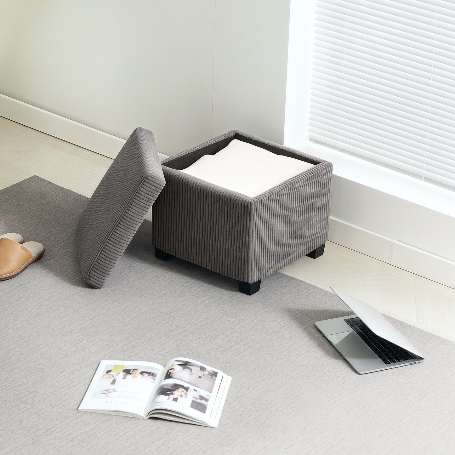 HOMCOM Corduroy Storage Ottoman Bench With Wooden Legs 40cm Bed End Bench 30L Storage Grey For Living Room Entryway