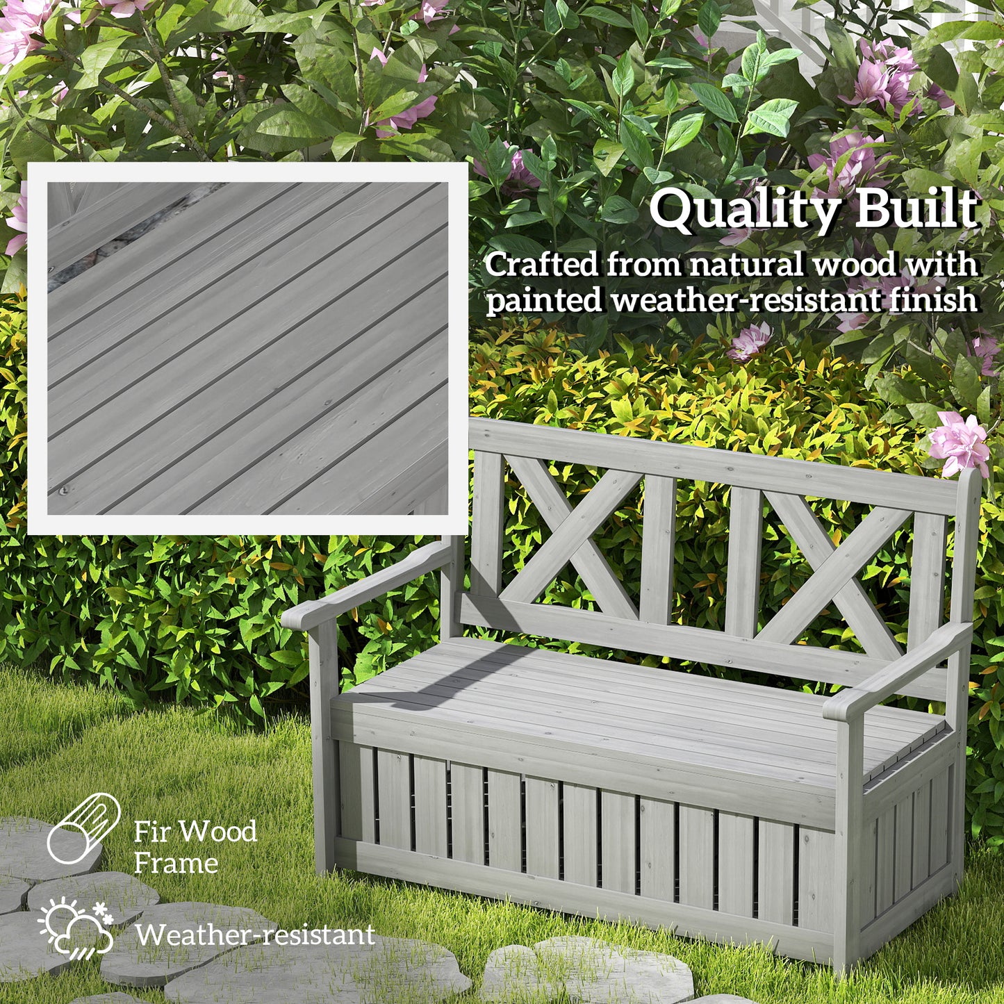 Outsunny 2 Seater Garden Storage Bench Charcoal Grey For Patio Porch Wood Outdoor Seating