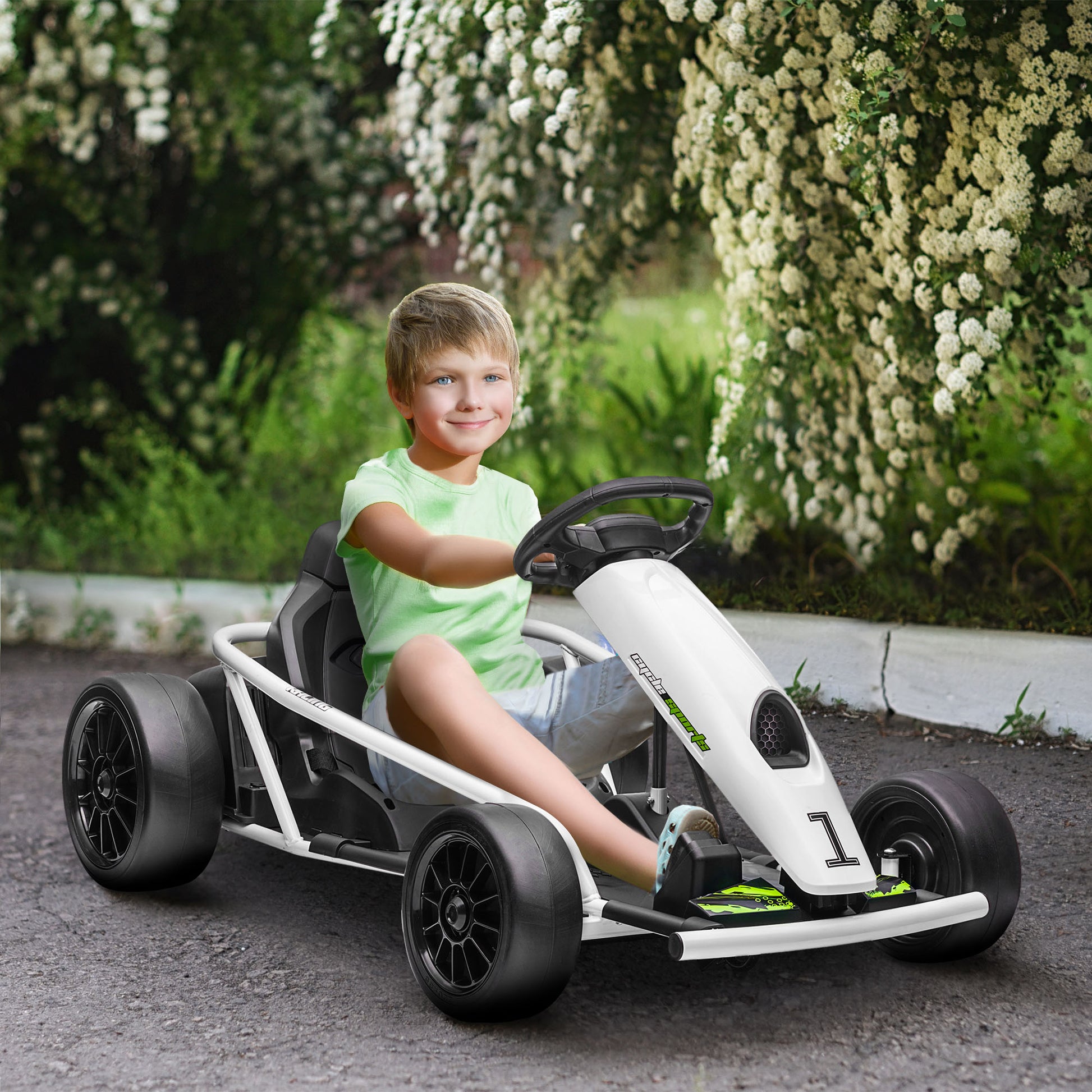 HOMCOM Kids 24V Electric Drift Go Kart, 2-Speed Ride-On Racing Kart for Ages 8-12, White - ALL4U RETAILER LTD