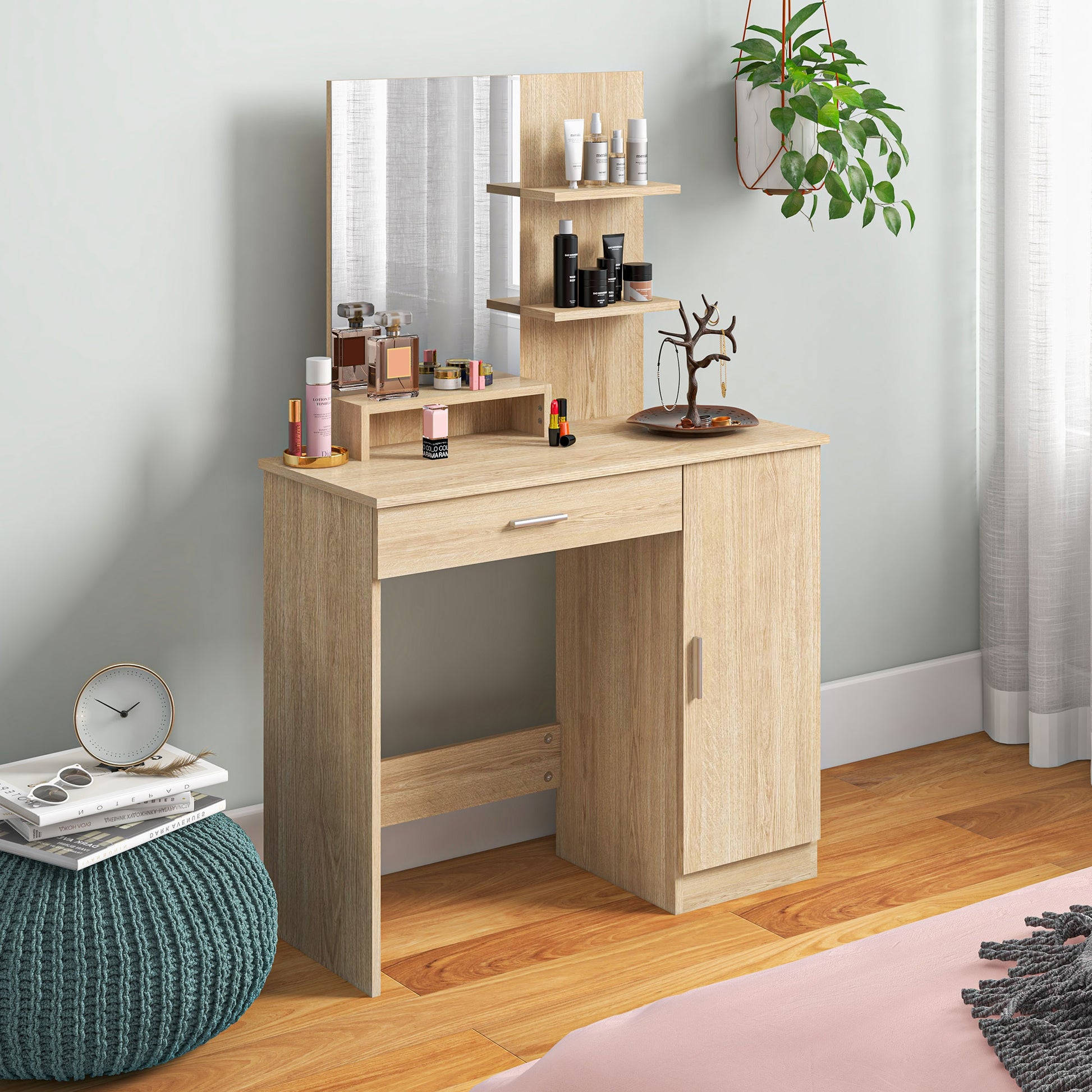 HOMCOM Contemporary Maple Wood-effect Vanity Table with Ample Storage and Mirror - ALL4U RETAILER LTD