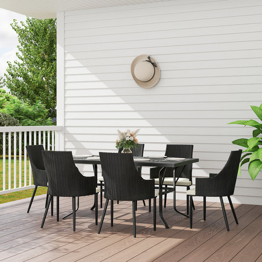 Outsunny 6 Seater Rattan Dining Set With Cushions, Rectangle Slatted Table Top, Steel Frame, Parasol Hole, Cream White
