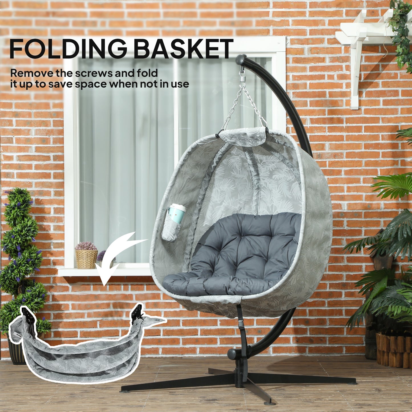 Outsunny Hanging Egg Chair With Stand Folding Basket Thickened Cushion Cup Holder For Patio Balcony Grey