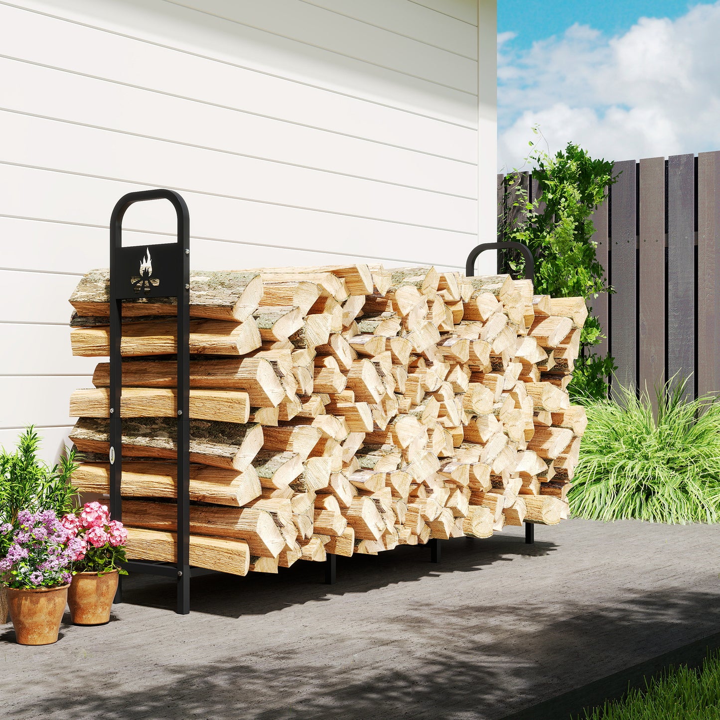 Outsunny 6.5 Ft Steel Firewood Log Rack 300 Kg Capacity Heavy Duty Indoor Outdoor Wood Storage Shelf Black