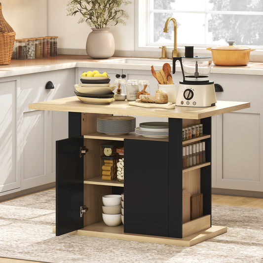 HOMCOM Kitchen Island With Spice Rack And Storage, Large Tabletop For 4 People, Adjustable Shelves, Black And Natural