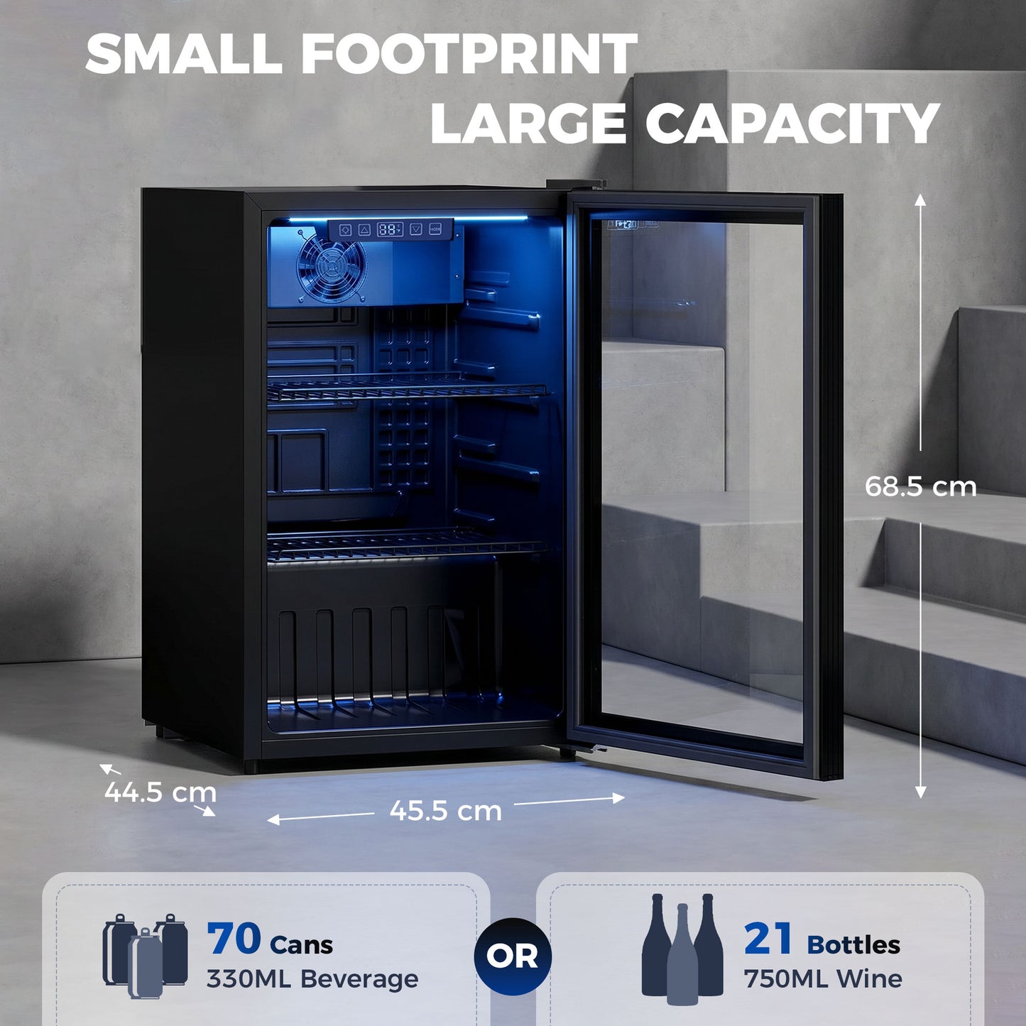 HOMCOM 70L Under Counter Drinks Fridge With LED Light Freestanding Beer Cooler For 70 Cans Or 21 Bottles