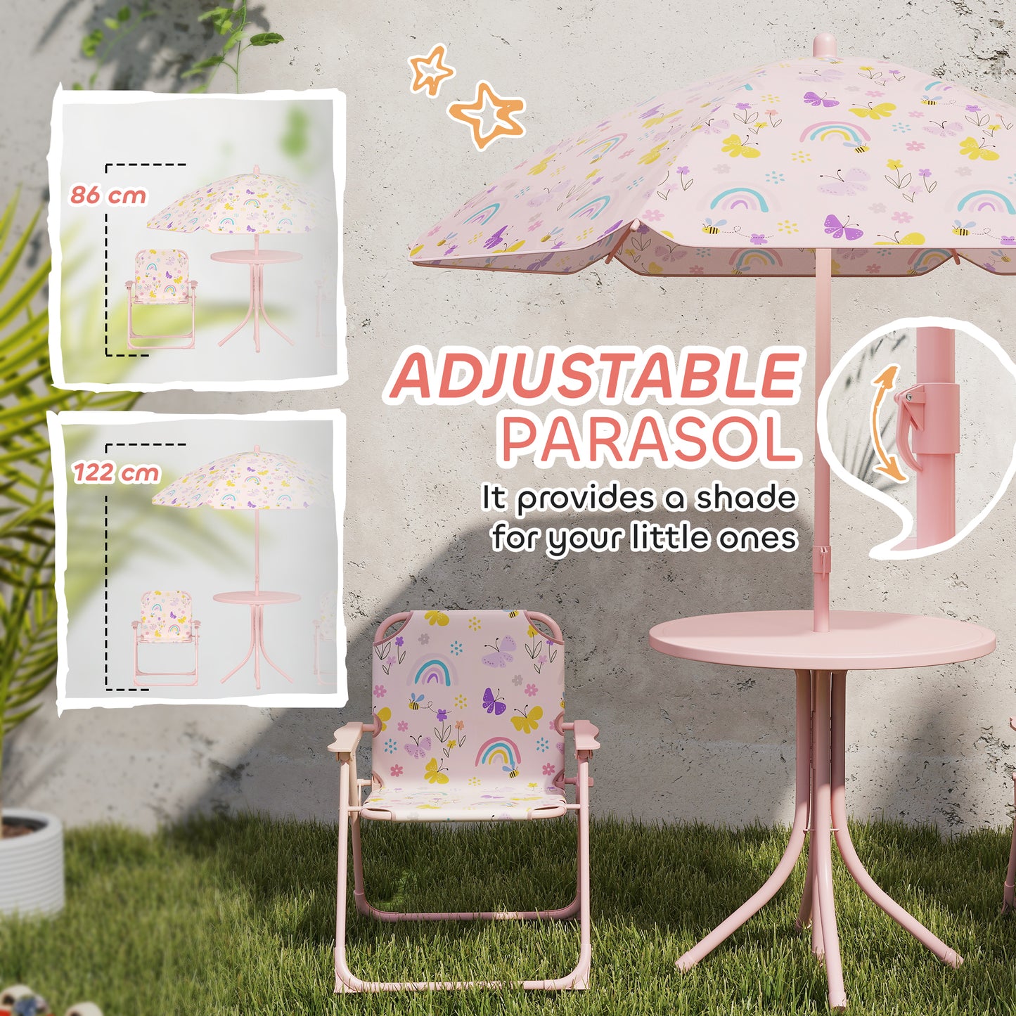 AIYAPLAY 4-Piece Foldable Kids Garden Table and Chair Set With Adjustable Parasol Pink Rainbow Pattern for Ages 2-5