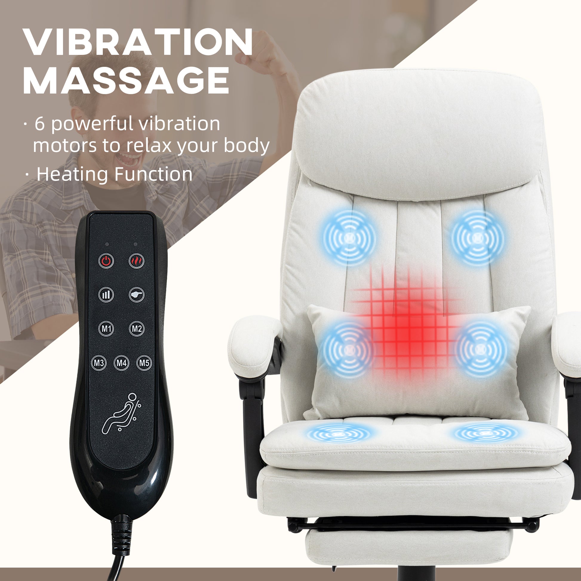 Vinsetto Cream White Vibration Massage Office Chair with Heat & Footrest, Reclining Back & Lumbar Support Pillow - ALL4U RETAILER LTD