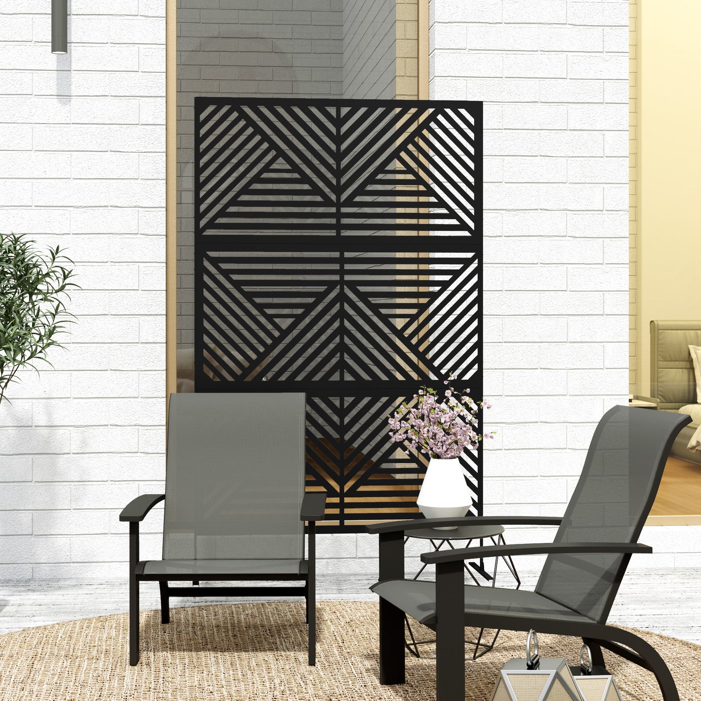 Outsunny 6.5ft Freestanding Metal Outdoor Privacy Screen With Stand Rhombus Style Black Garden Divider