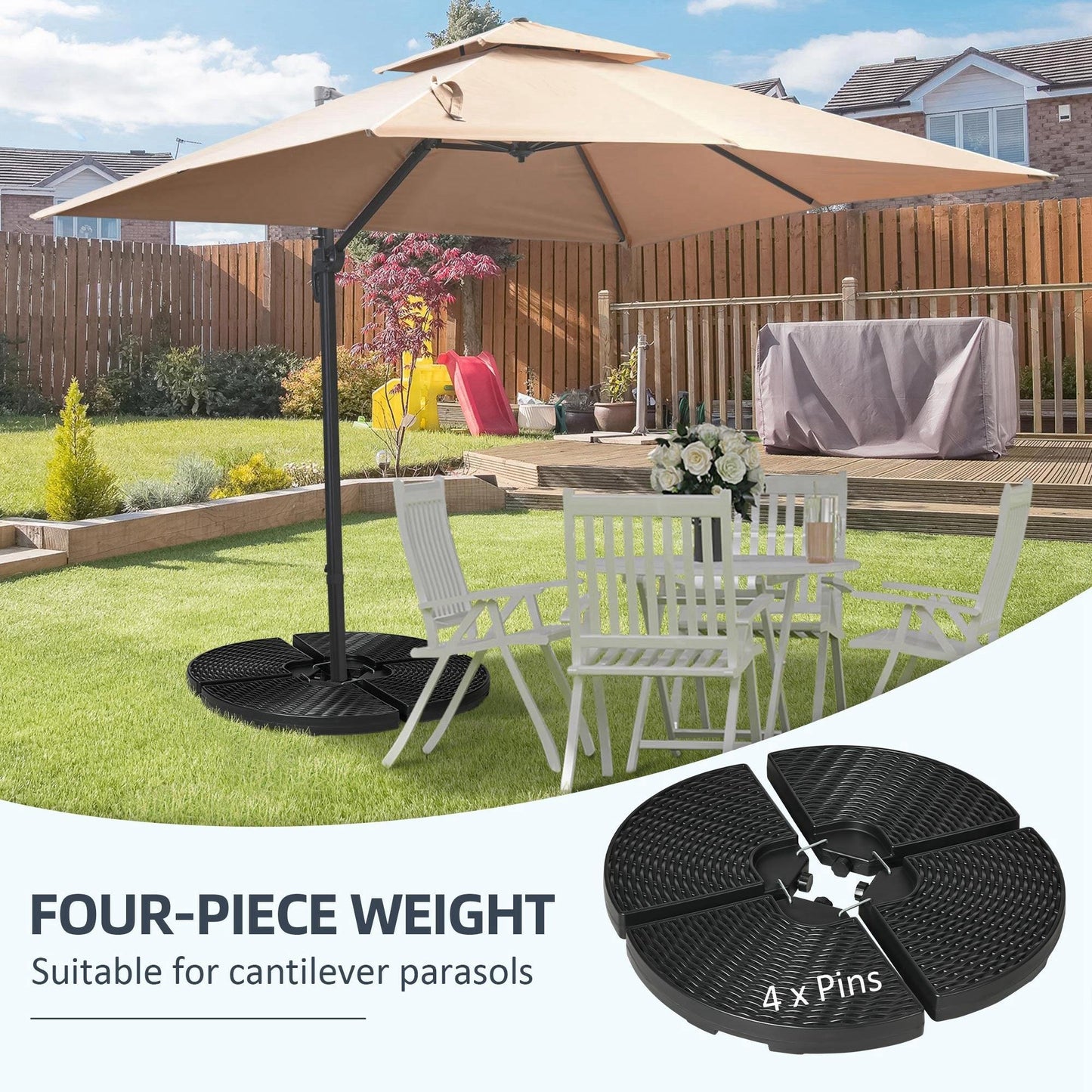 Outsunny 4PCs Parasol Bases, Patio Umbrella Weights for Parasol, Wicker Effect HDPE Water and Sand Filled Garden Umbrella Base with Built-in Handles, Black - ALL4U RETAILER LTD