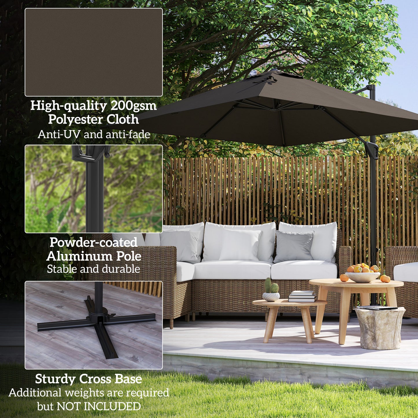 Outsunny Patio Offset Parasol Umbrella With Base Included Tan Aluminium Pole Five Position Adjustable 360 Movement