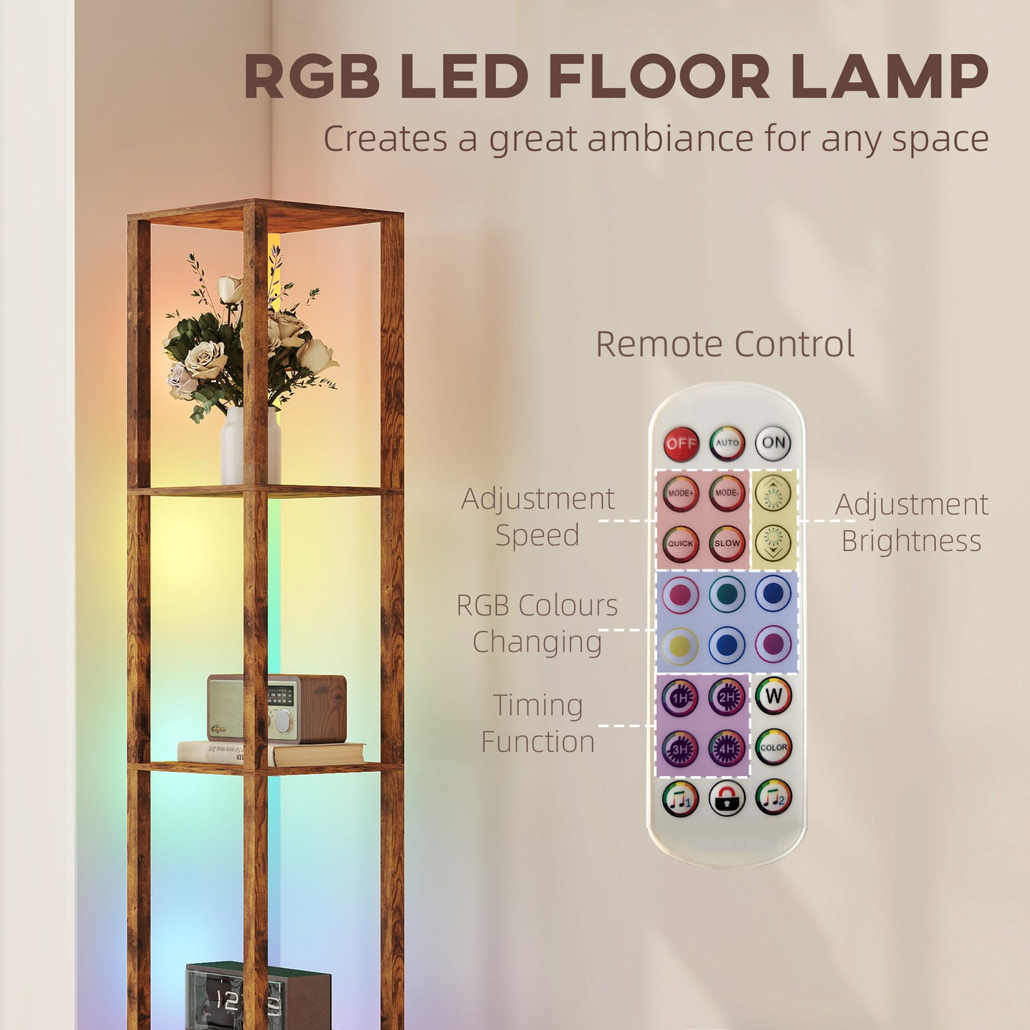 HOMCOM RGB LED Floor Lamp With Shelves, Modern Dimmable Standing Lamp With Remote Control Rustic Brown