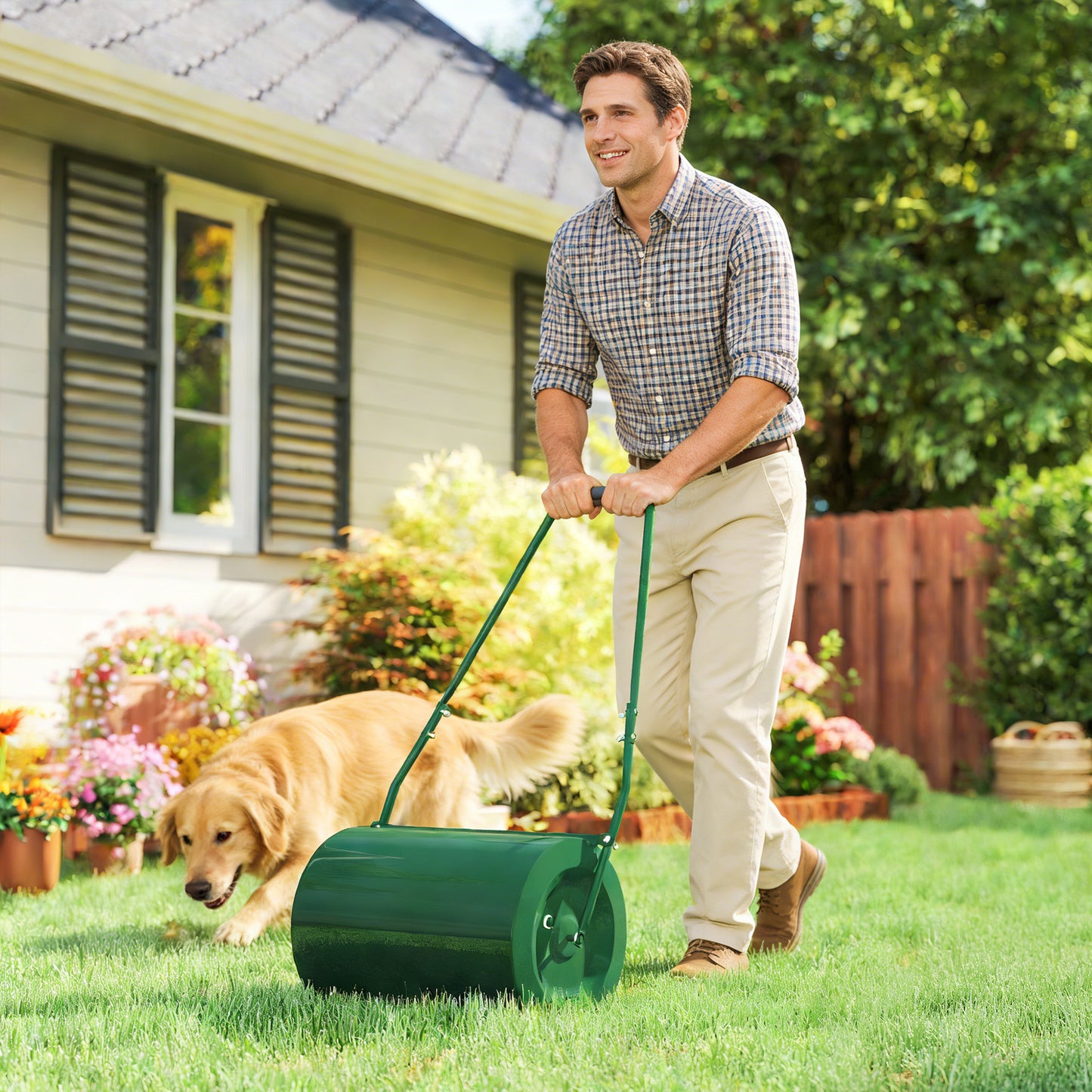 Outsunny 63 L Garden Lawn Roller Water And Sand Filled Drum Heavy Duty Steel Lawn Push Roller For Grass Seeding