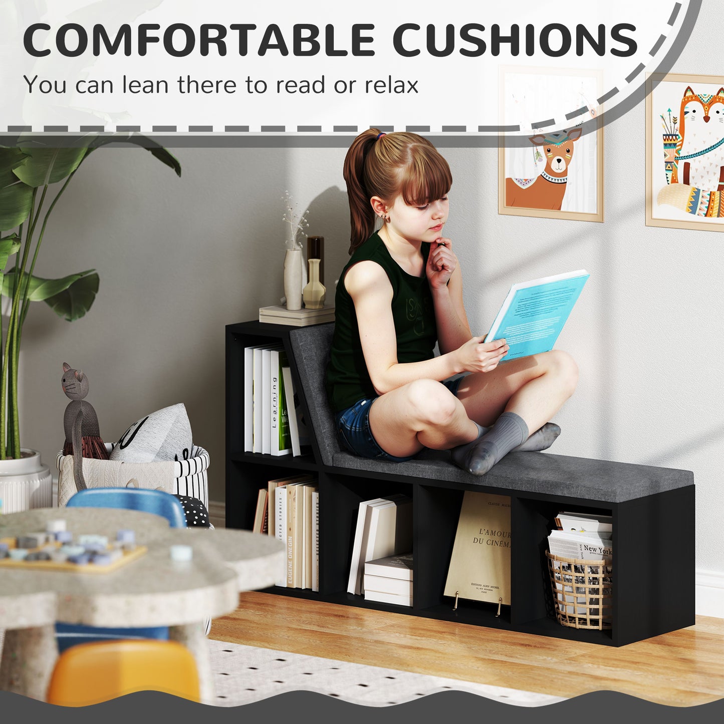 HOMCOM 2 Tier Modern Bookcase With Removable Cushions Storage Shelf For Living Room
