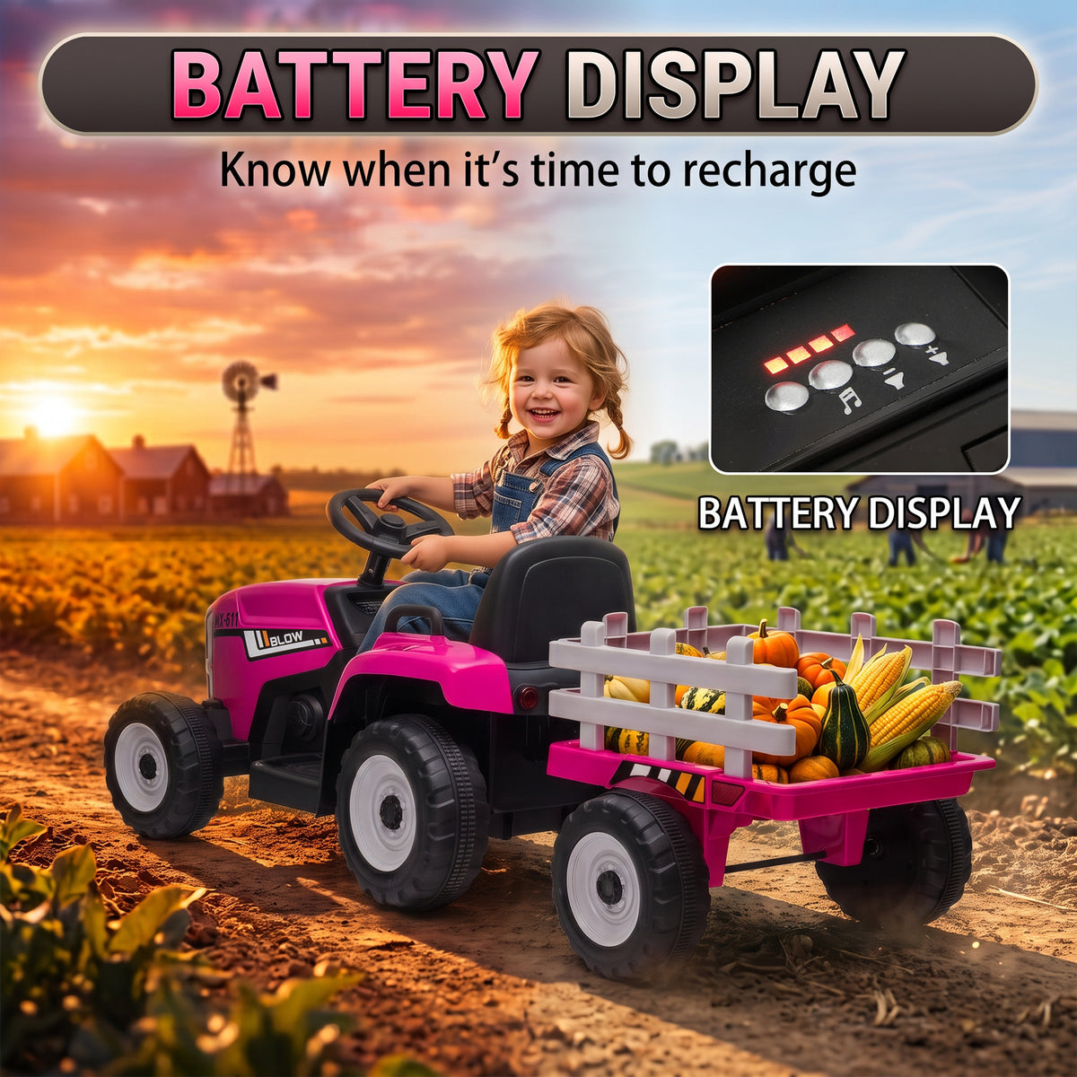HOMCOM 12V Pink Kids Ride On Tractor With Remote Control And Trailer