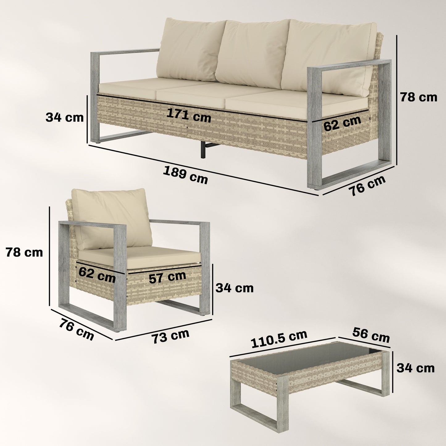 Outsunny 4 Piece Rattan Garden Furniture Set 3 Seater Sofa Armchairs Table Aluminium Frame Patio Conversation Khaki