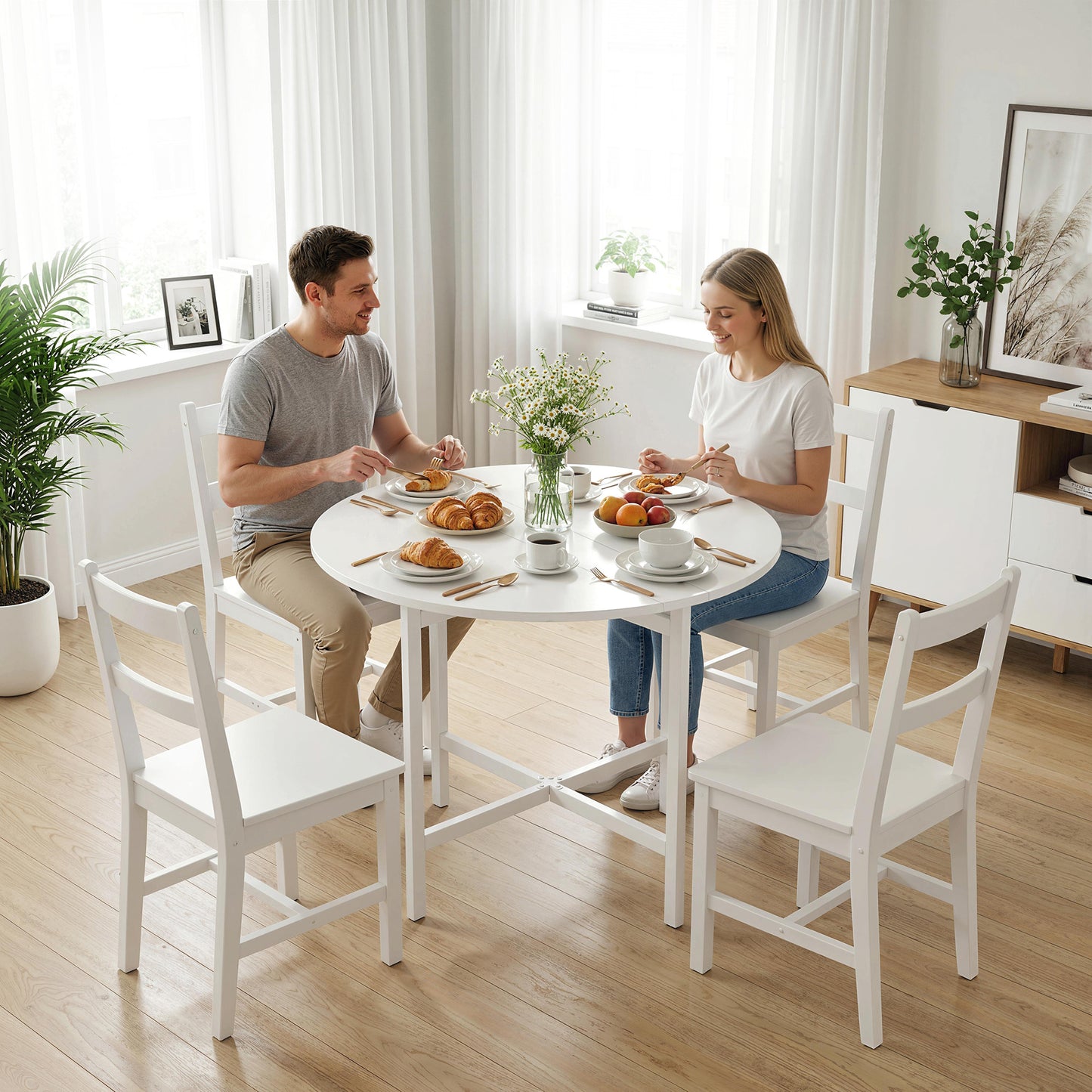 HOMCOM Collapsible Drop Leaf Table Folding Dining Table For Small Spaces Extendable Kitchen Table With Steel Frame White