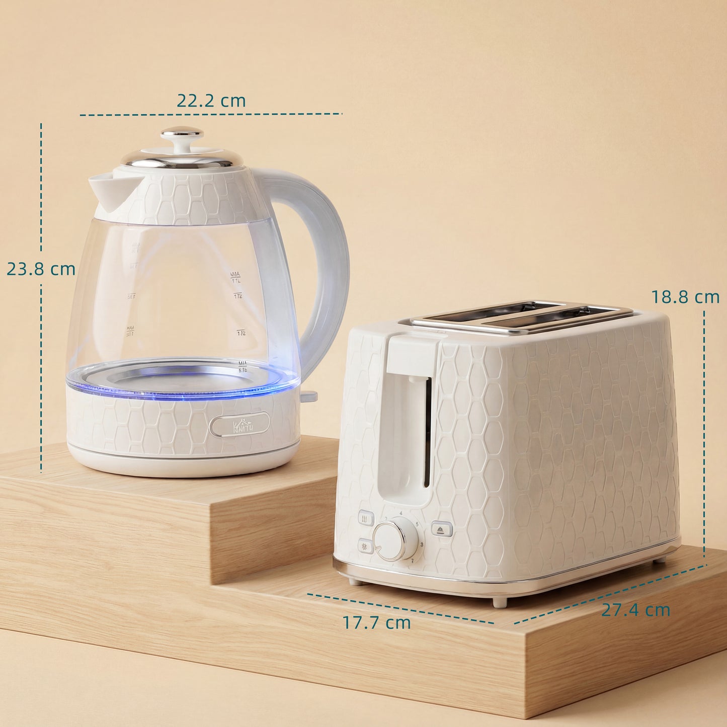 HOMCOM Kettle and Toaster Set 1.7L 3000W Rapid Kettle with Limescale Filter 2 Slice Toaster with 7 Browning Levels Cream