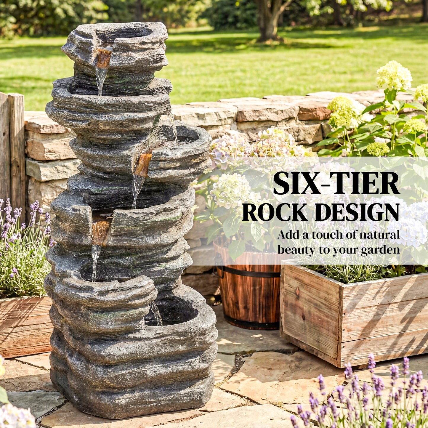Outsunny 6 Tier Cascading Garden Fountain LED Lights Resin Freestanding Grey Outdoor Water Feature