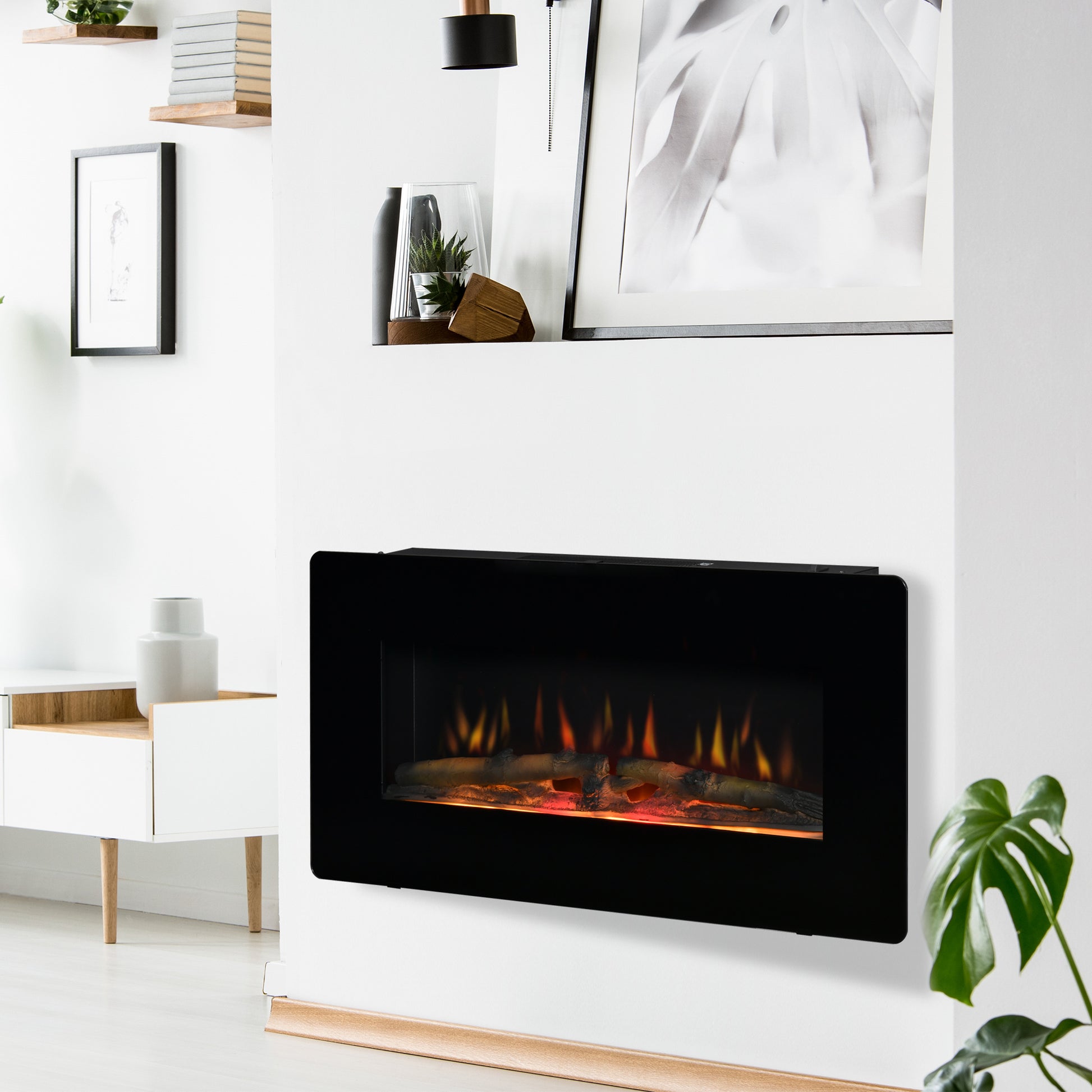 HOMCOM Wall-Mounted Electric Fireplace Heater with Remote Control, Adjustable Flame & Timer, 1800/2000W, Black Finish - ALL4U RETAILER LTD