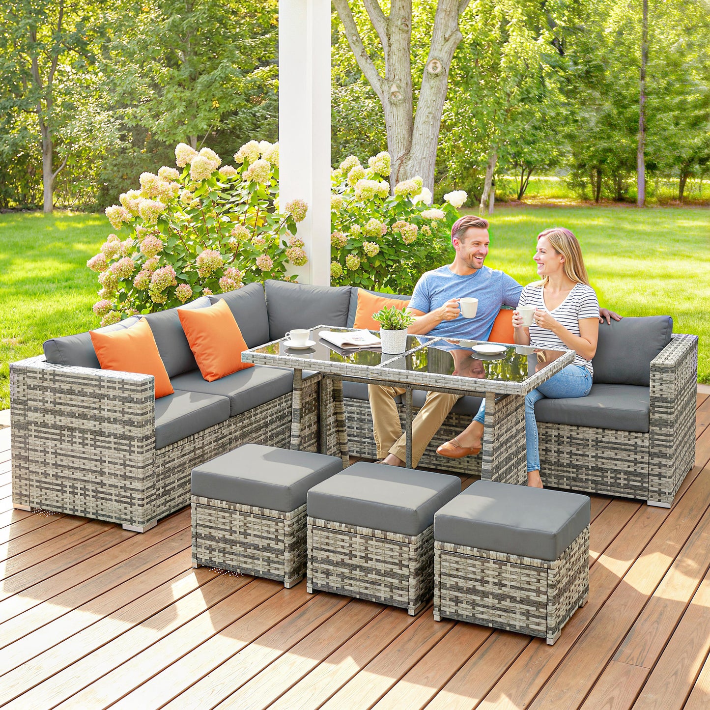 Outsunny 10 Piece Rattan Garden Furniture Set With 2 Corner Sofas 4 Chairs 4 Stools And Coffee Table For Outdoor Patio