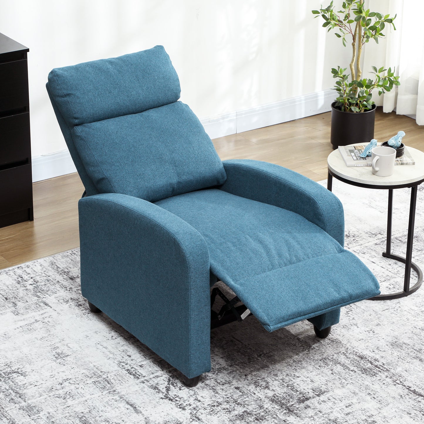 HOMCOM 135 Degree Push Back Recliner Armchair With Footrest In Blue Linen Upholstery