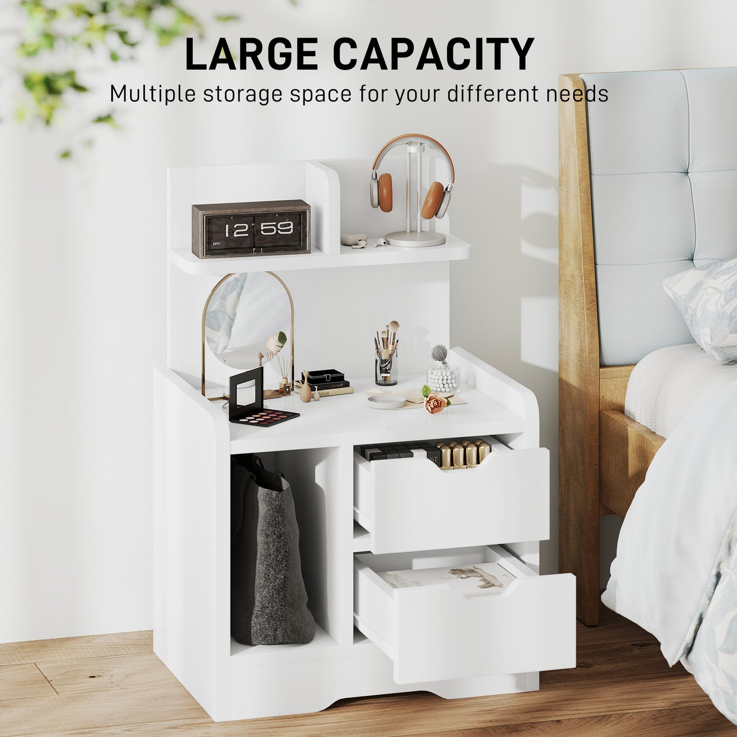 HOMCOM Bedside Table With 2 Drawers And Open Shelves For Alarm Clocks Books And Decor In High Gloss White