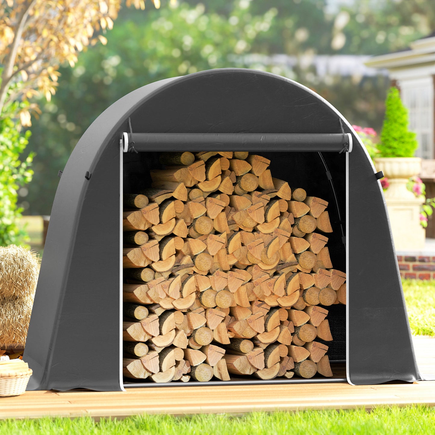 Outsunny 8 x 4 ft Garden Storage Tent Waterproof Shed With Roll Up Door And Galvanised Metal Frame Dark Grey