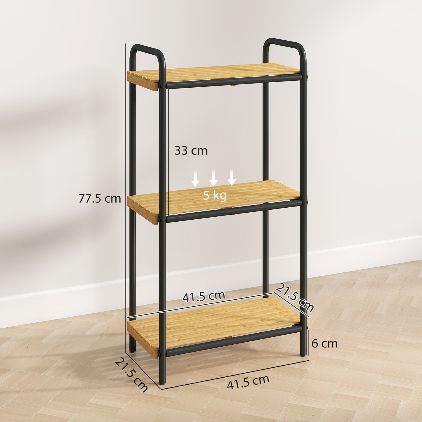HOMCOM 3 Tier Bamboo Bathroom Storage Shelf Freestanding Narrow Shelving Unit With Slatted Shelves Natural Black
