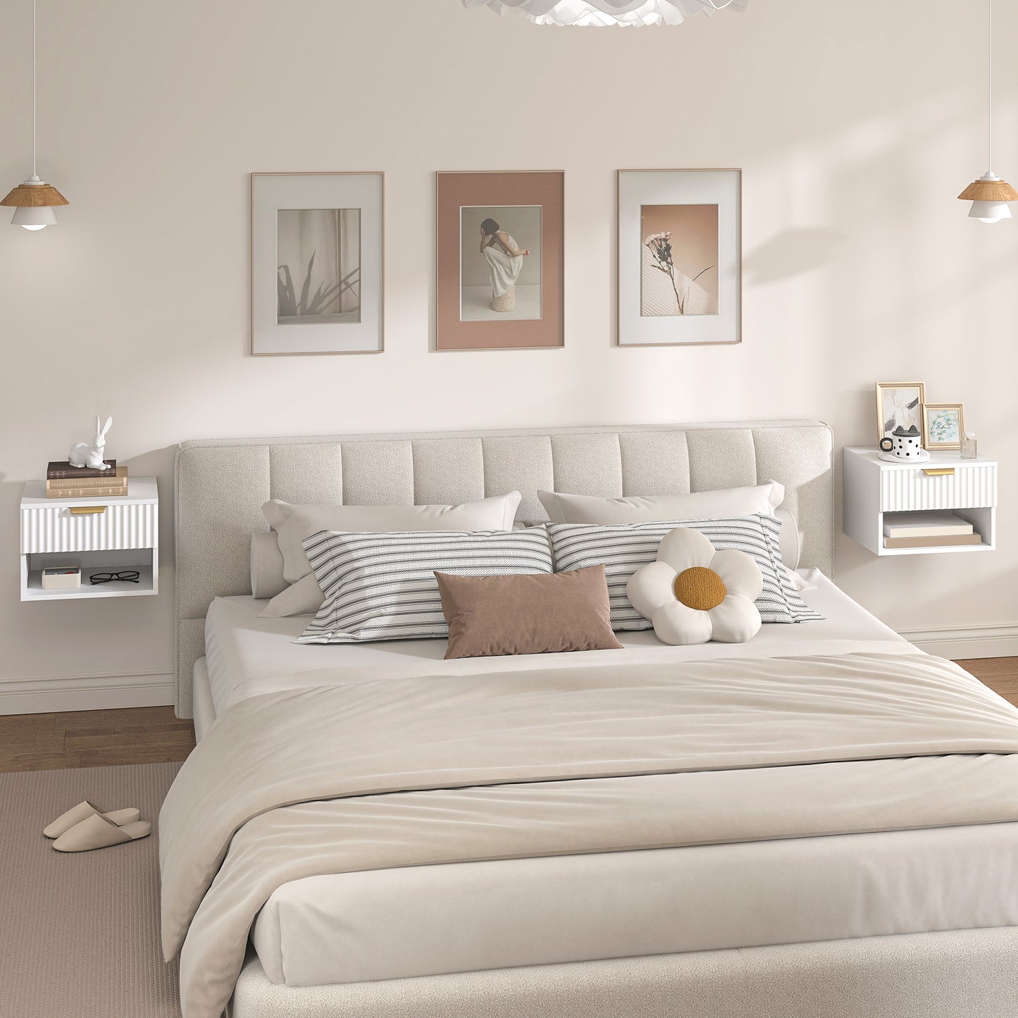 HOMCOM Floating Nightstands Set Of 2 Wall Mounted Bedside Tables With Fluted Drawer And Open Shelf White