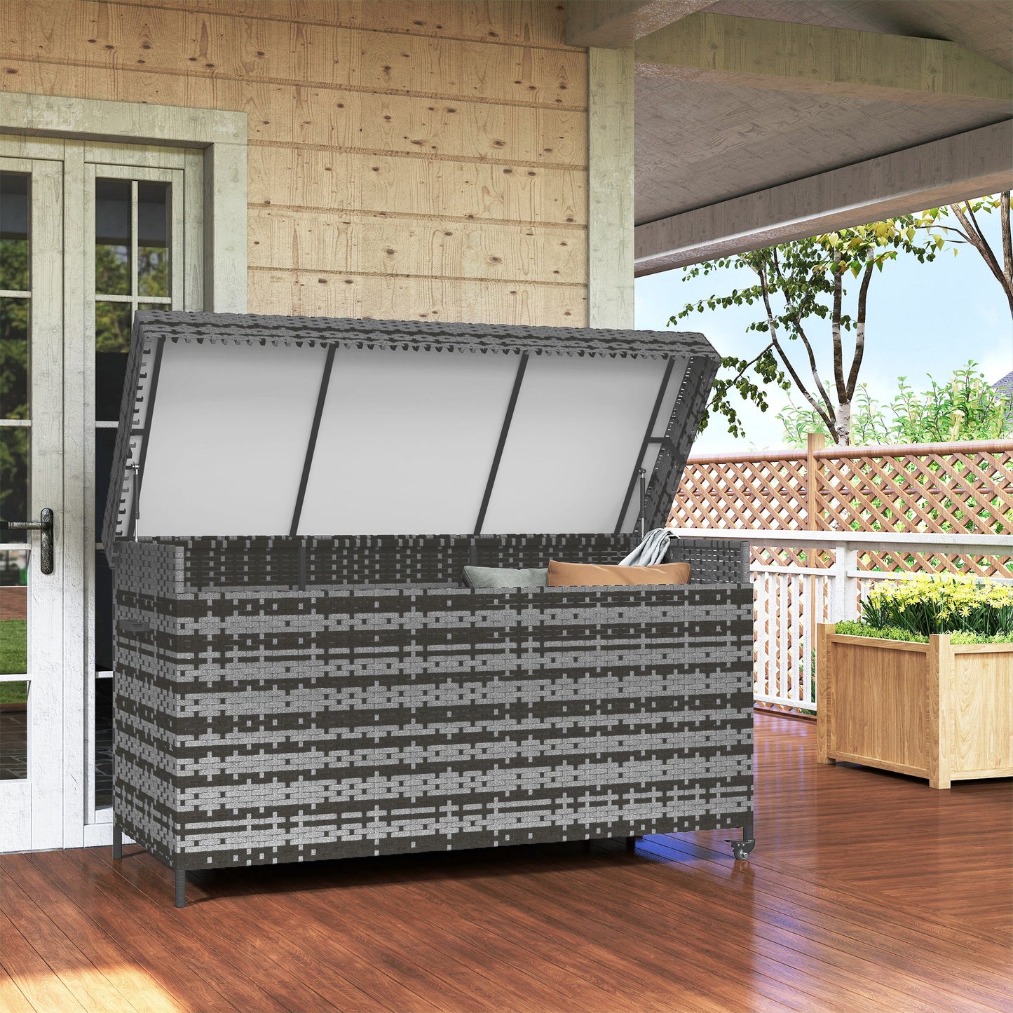 Outsunny 627 L Rattan Storage Box With Gas Strut Lift For Garden Outdoor Dark Grey