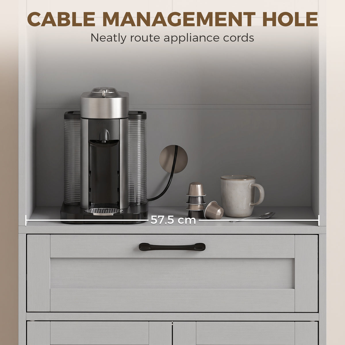 Kitchen pantry cabinet with cable management hole inside lower storage drawer