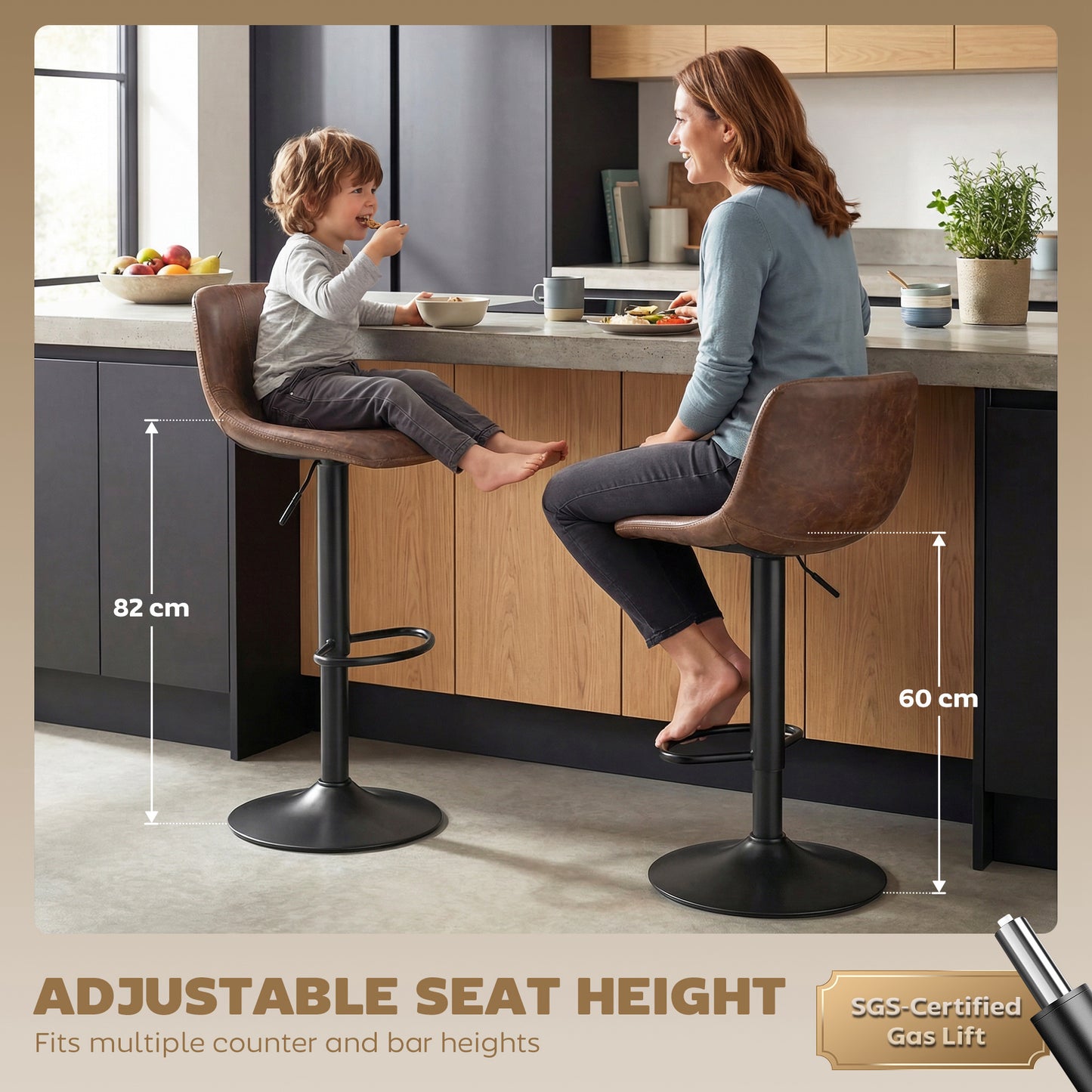 HOMCOM Barstools Set Of 2 Swivel Barstools With Footrest Adjustable 60 To 82 Cm Brown For Kitchen Island Dining Room