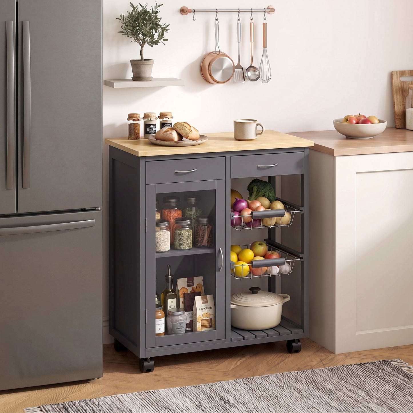 HOMCOM Bamboo Kitchen Island Rolling Trolley With Glass Door And Two Metal Wire Baskets Adjustable Shelf Grey