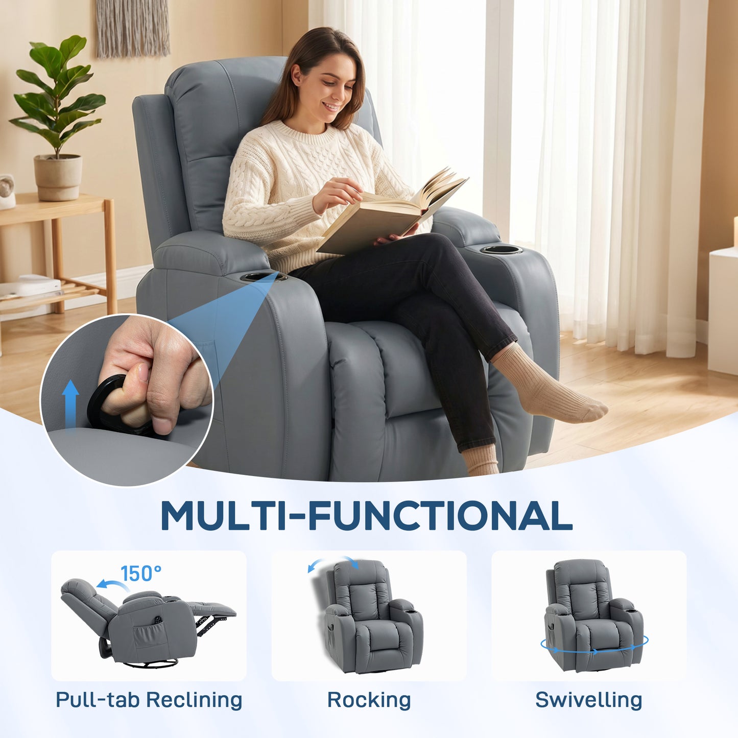 HOMCOM Massage Recliner Grey PU Leather With Eight Point Massage In Four Zones For Back Lumbar Heating Thighs And Legs