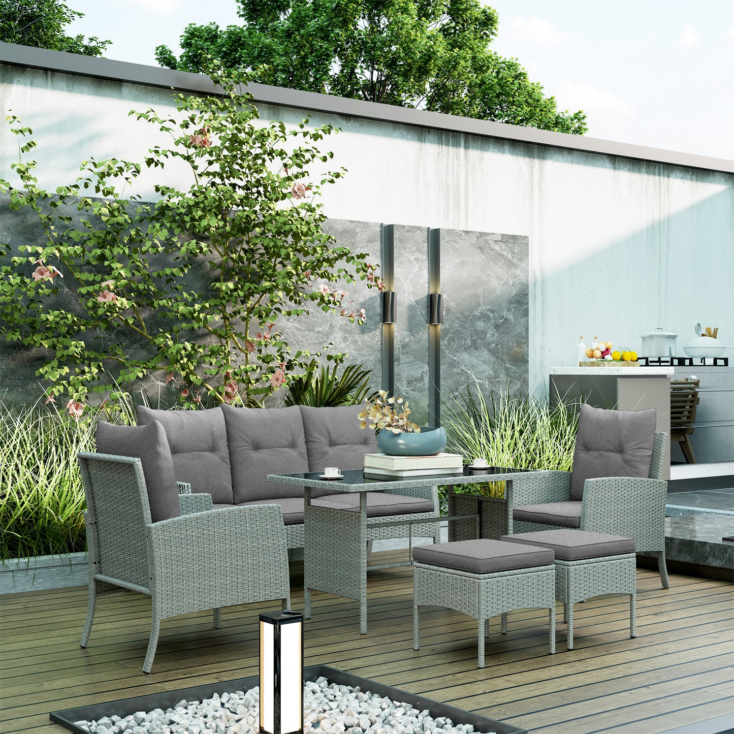 Outsunny 7 Seater Rattan Garden Furniture Set Grey With Glass Table 6 Piece Patio Dining Set Armchairs Sofa Footstools