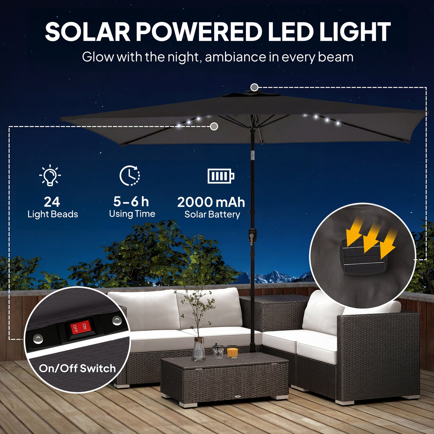Outsunny 3 x 2 m Garden Parasol Umbrella With LED Solar Light Parasol Cover Outdoor Market Patio Umbrella Black