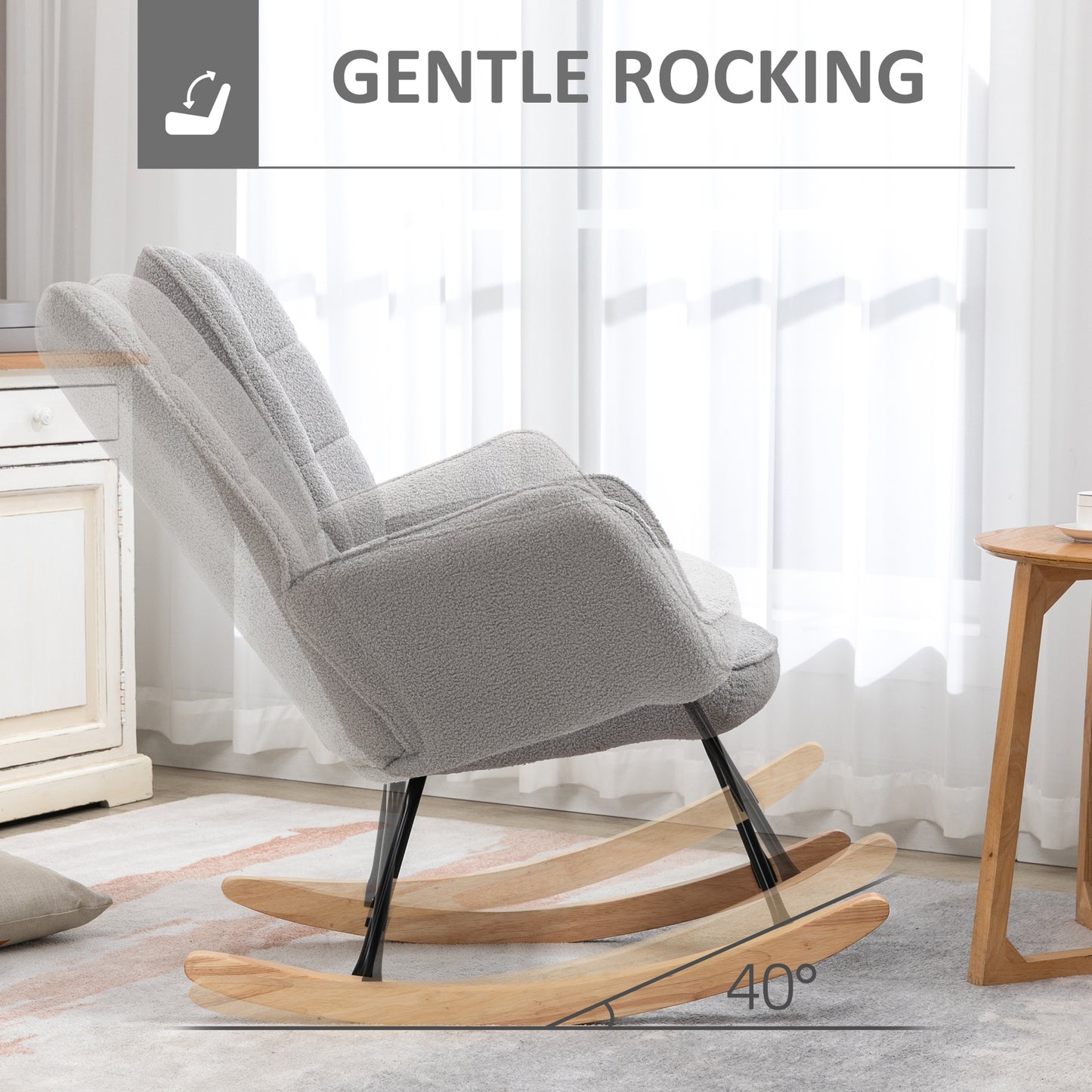HOMCOM Berber Fleece Nursery Glider Rocker For Nursing And Living Room In Light Grey Wingback Chair