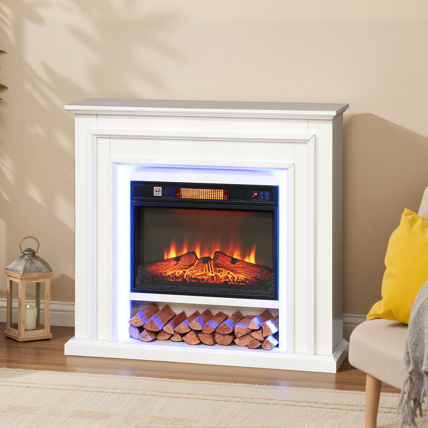 HOMCOM 4777 BTU Multicolour LED Electric Fireplace White Realistic Flame Effect Custom RGB Lighting Thermostat And Timer