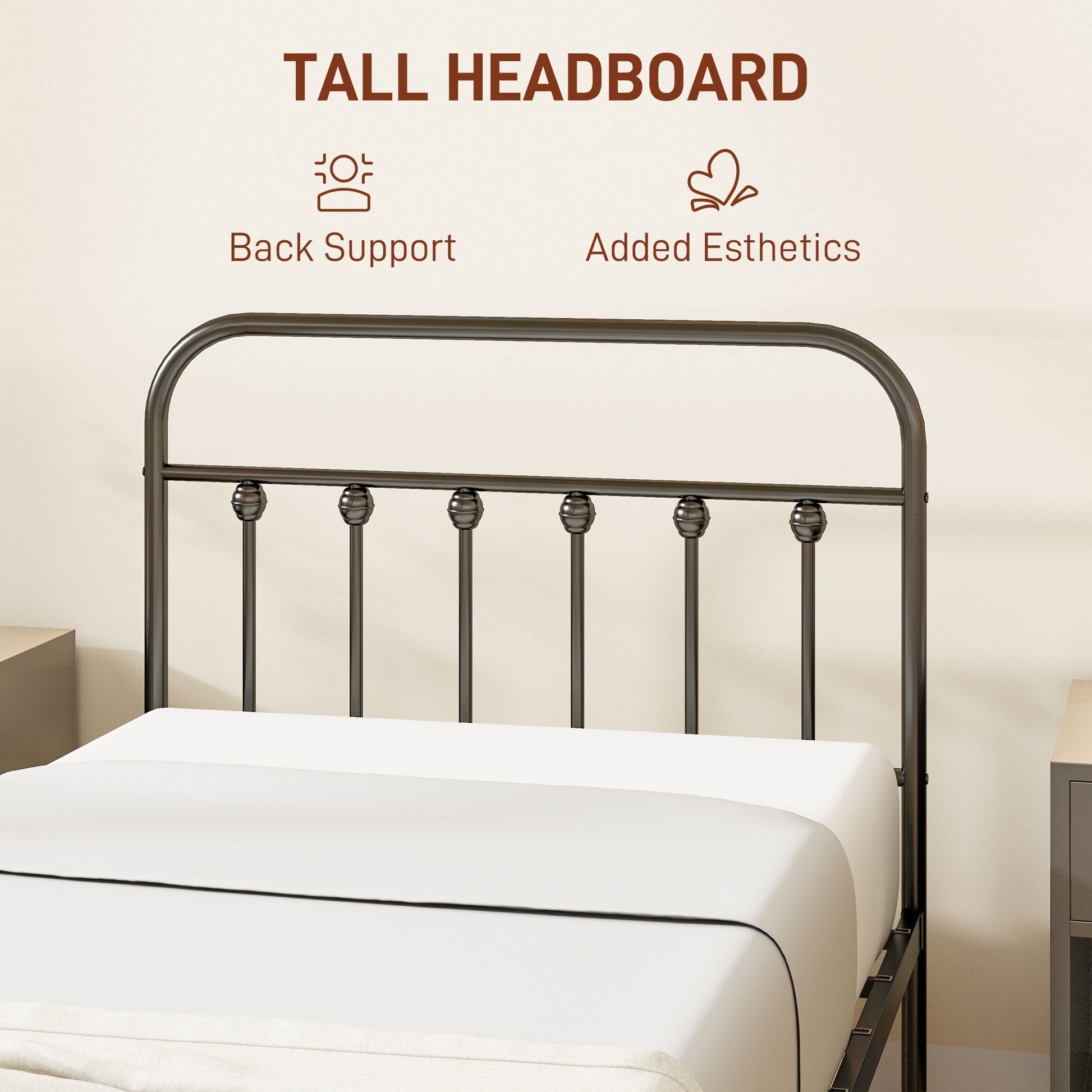 HOMCOM Minimalist 3ft Single Metal Bed Frame with Storage Space & Tall Headboard - No Box Spring Required, Easy Assembly, Black - ALL4U RETAILER LTD