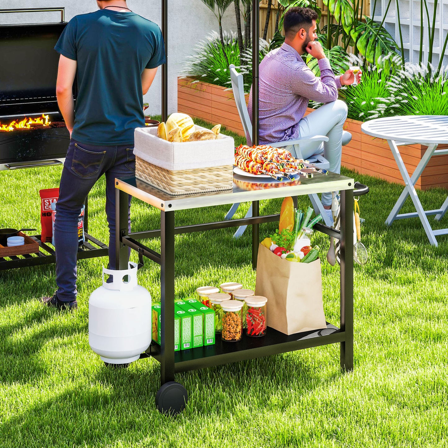 Outsunny Outdoor Grill Cart with Stainless Steel Top Two Shelf Portable BBQ Trolley with Hooks Wheels Charcoal Grey